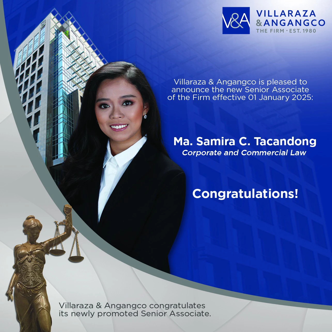 V&A Law’s Ma. Samira C. Tacandong, Rachelle Ann L. Go, and Adrian Paul S. Mallari promoted as Senior Associates