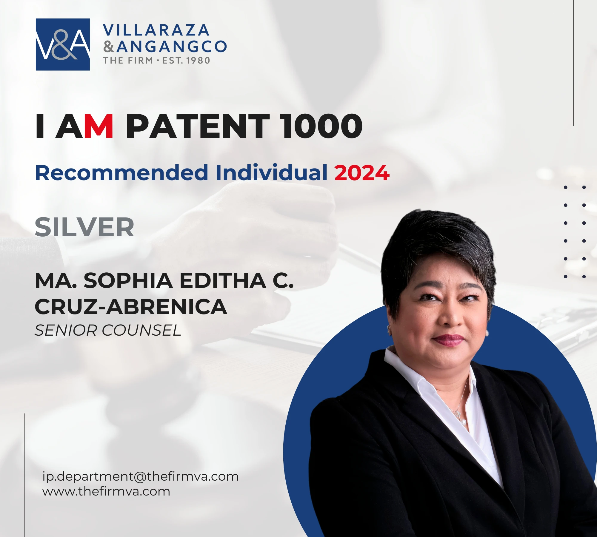 V&A Law Intellectual Property Department recognized as a Silver-Tier Firm for Patents in the Philippines for 2024