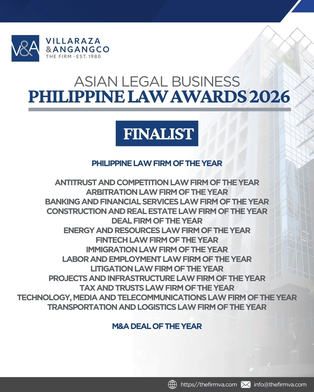 V&A Law is a finalist for sixteen categories in the upcoming ALB Philippine Law Awards 2026