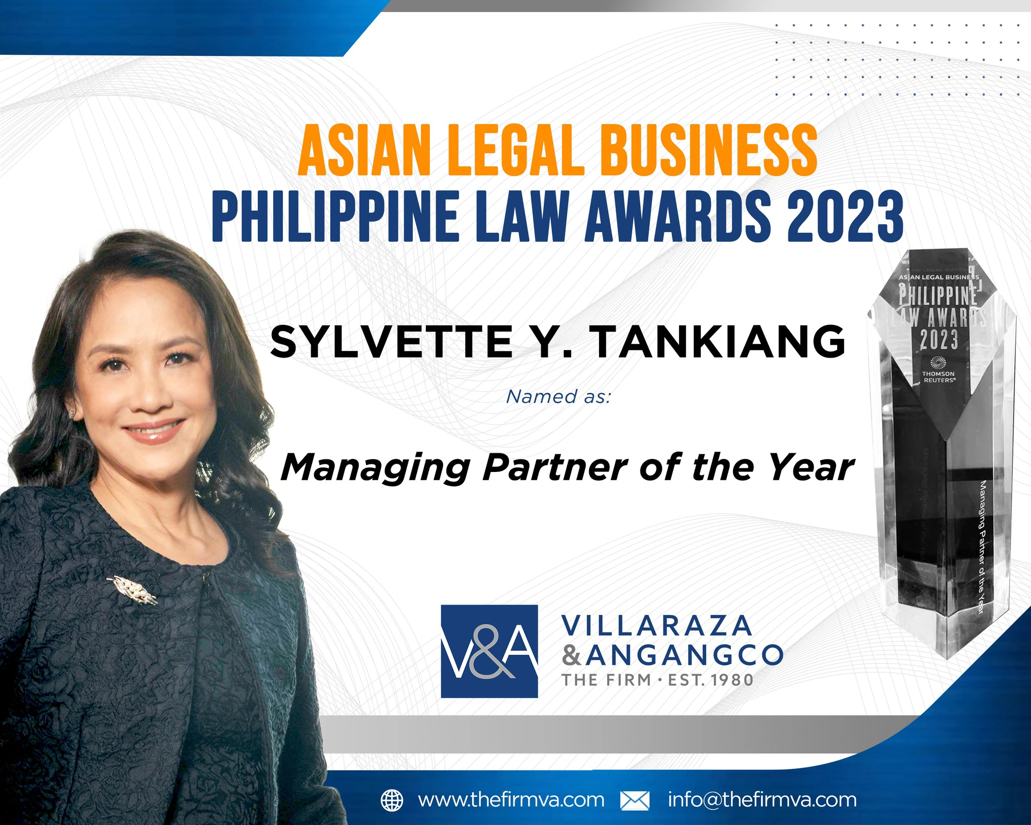 V&A Law Senior Partner Sylvette Y. Tankiang recognized as Managing Partner of the Year at the 2023 Asian Legal Business Philippine Law Awards