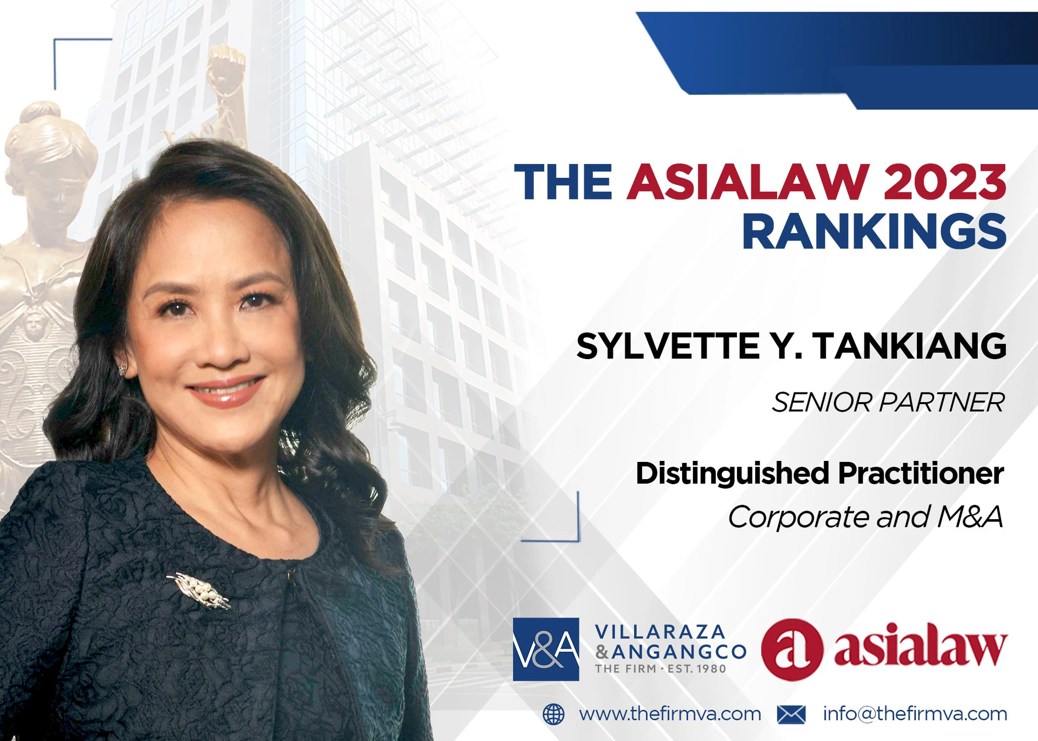 V&A Law Senior Partners Sylvette Y. Tankiang, Bienvenido I. Somera, Jr., and Alejandro Alfonso E. Navarro, Augusto A. San Pedro, Jr recognized as Distinguished Practitioners by asiaLaw