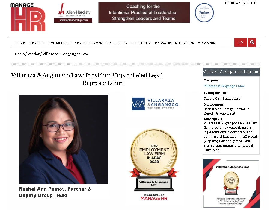 V&A Law Recognized as One of Top 10 Employment Law Firms in APAC by Manage HR